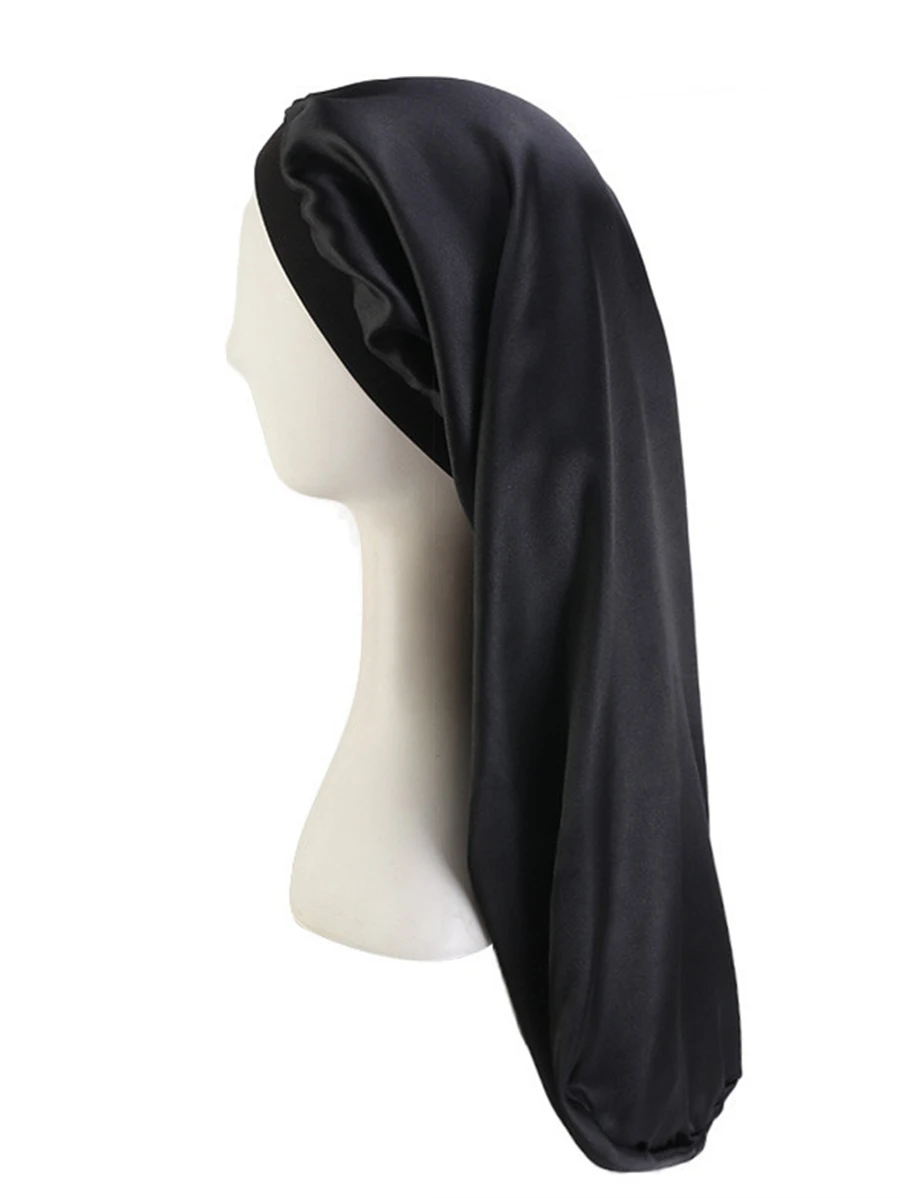 1pc New Design Wide Brim Long Tube Hat With Printed Satin Elastic Hair Protecting Cap For Braids, Sleeping - Black - View 1