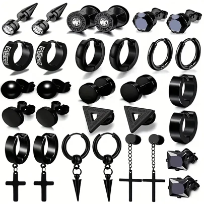 15 cặp/bộ Bộ Bông Tai Nam Bằng Thép Không Gỉ, Khuyên Tai Màu Đen Cho Nam Và Nữ, Trang Sức Khuyên Thời Trang, Mặt Dây Chuyền Chữ Thập & Bộ Bông Tai Dạng Khuyên