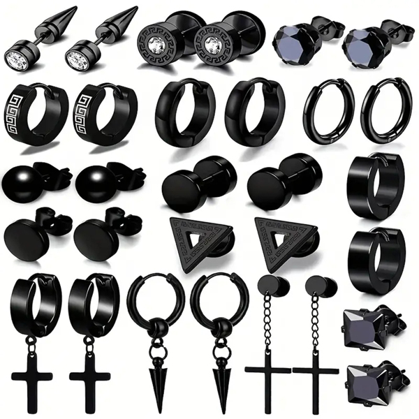 15 pares/set de hombres de acero inoxidable Set pendiente , negro Arete Tachuelas para hombre y mujer , de moda Joyas perforantes , colgante Cruz & Set pendientes de aro