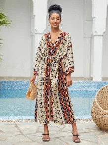 Allover Print Belted Kimono - Multicolor - View 1