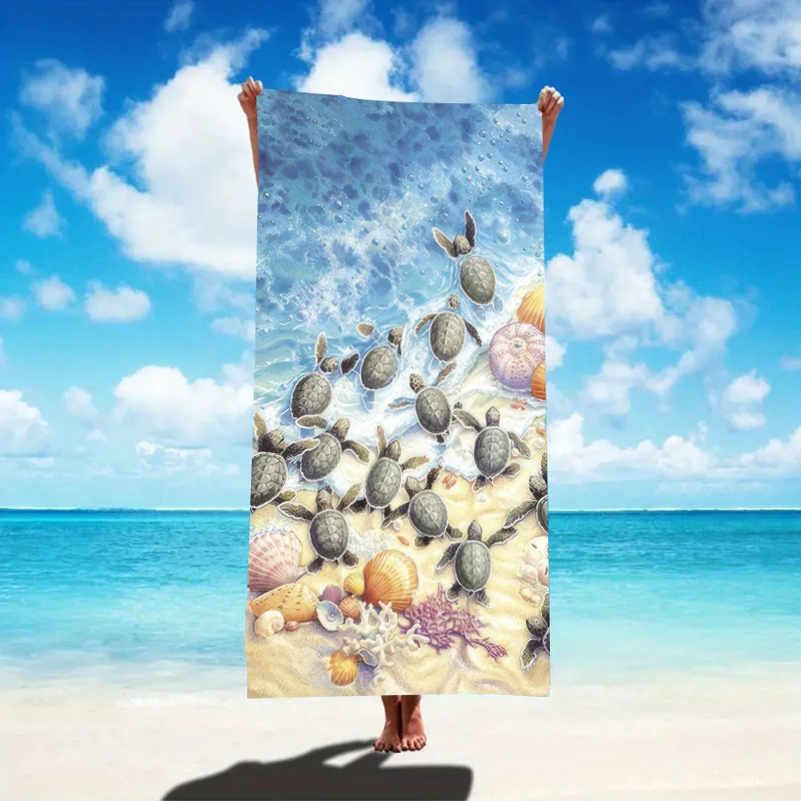 1入組海龜圖案沙灘巾,超細纖維矩形旅行沙灘巾適用於游泳,潛水,夏天 - 藍色 - 查看 1