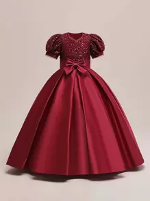 Tween Girls Sequin Bow Satin Long Elegant Formal Dress, Suitable For Galas, Hosting Events, Formal Dinners, Does Not Include Headband - Burgundy - View 4