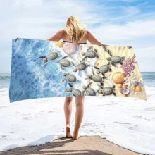 1入組海龜圖案沙灘巾,超細纖維矩形旅行沙灘巾適用於游泳,潛水,夏天 - 藍色 - 查看 2