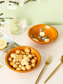 Wooden Country Style Flower Pattern Snack Bowl - Brown - View 3