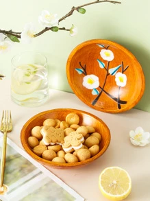 Wooden Country Style Flower Pattern Snack Bowl - Brown - View 4