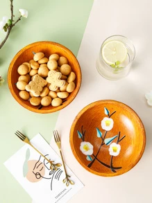 Wooden Country Style Flower Pattern Snack Bowl - Brown - View 7