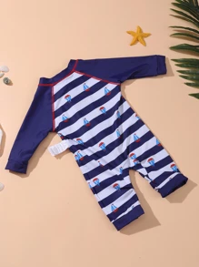 Baby Boy Striped Print Top-Stitching Raglan Sleeve One Piece Swimsuit - Blue and White - View 2