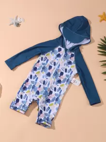 Baby Colourblock Zipper Front Hooded One Piece Swimsuit - Multicolor - View 1