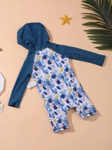 Baby Colourblock Zipper Front Hooded One Piece Swimsuit - Multicolor - View 2