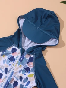 Baby Colourblock Zipper Front Hooded One Piece Swimsuit - Multicolor - View 3