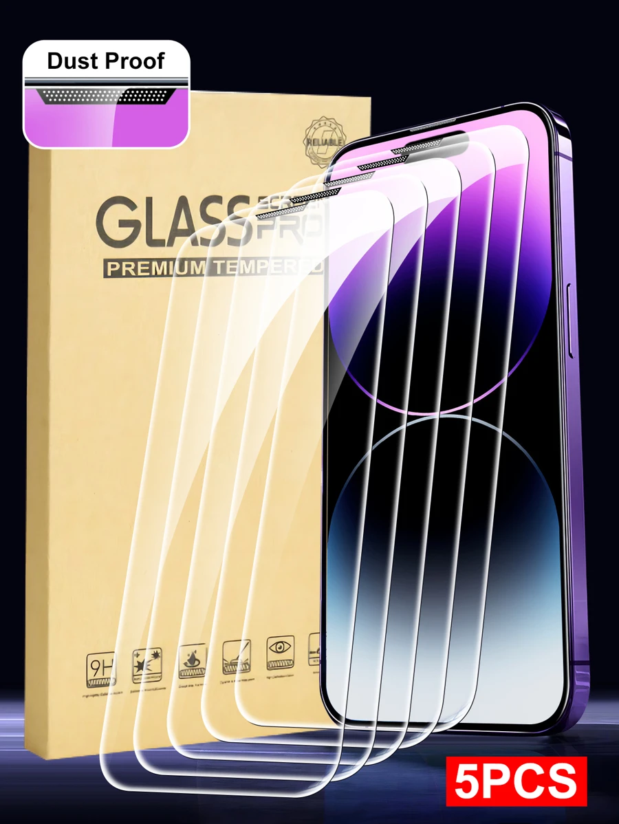 5pcs/Pack Full Coverage Anti-Dust Film Screen Protector, High Definition Tempered Glass Compatible With Iphone 14 6.1"/IPhone 13/IPhone 13 Pro 6.1"/IPhone 15/IPhone 15 Pro Max/IPhone 16/IPhone 16 Pro/IPhone 16 Pro Max - Clear - View 1