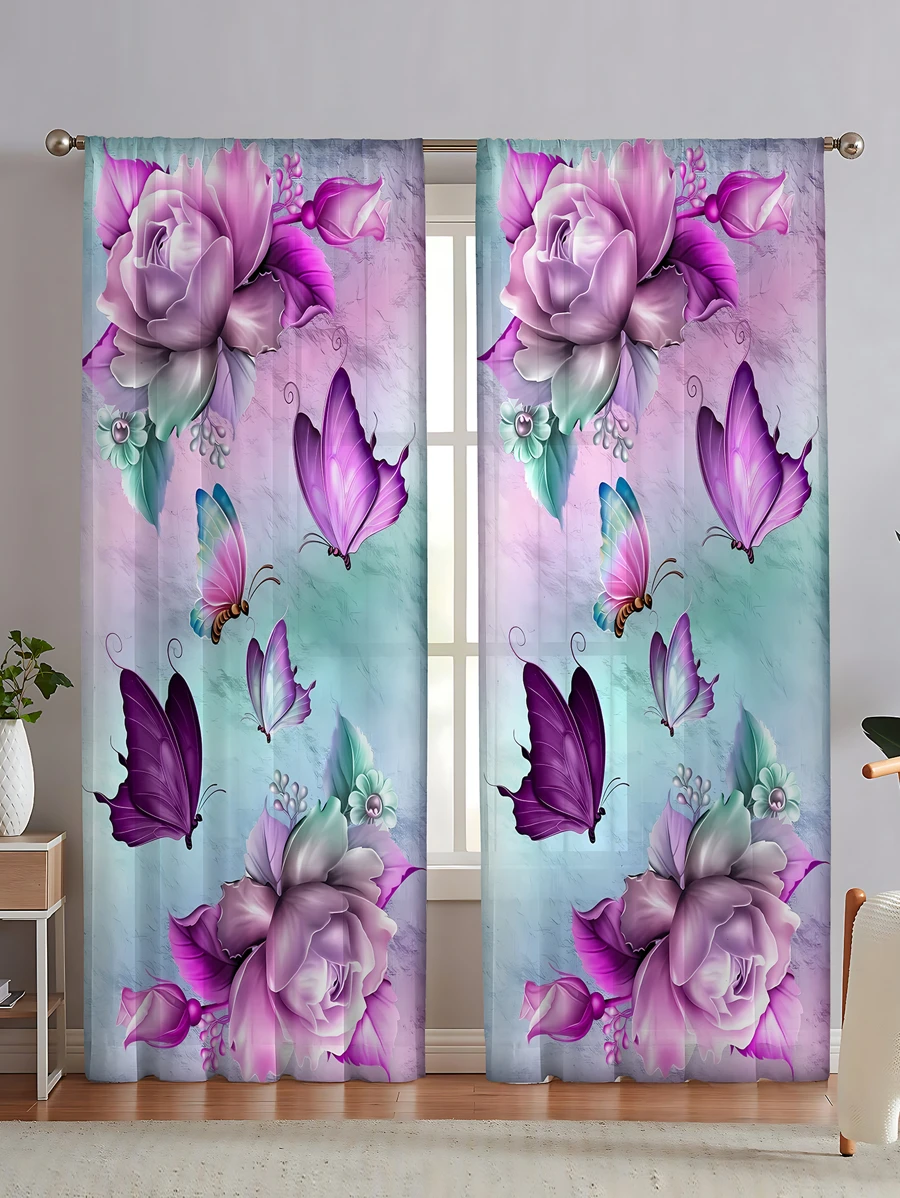 2 Chiếc Bướm & Họa Tiết Hoa Sheer Bảng Điều Khiển Màn, Polyester Lọc Ánh Sáng Riêng Tư Màn Sheer Cho Phòng Khách Và Phòng Ngủ - Nhiều màu - Xem 1