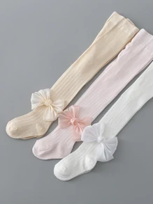 3 par flickor med solid rosett, söta strumpbyxor för vardagen