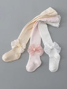 3 par flickor med solid rosett, söta strumpbyxor för vardagen