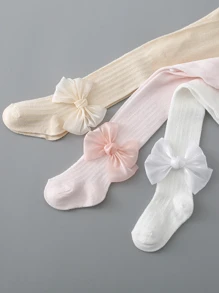 3 par flickor med solid rosett, söta strumpbyxor för vardagen