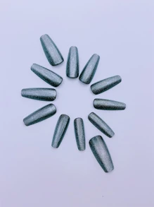 24pcs Long Coffin Shaped Shiny And Minimalist Black Crystal Cat's Eye Glossy Painted Nail Patch+1 Piece Of Jelly Glue+1 File Strip Press On Nails Nail Supplies - Multicolor - View 4