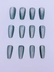 24pcs Long Coffin Shaped Shiny And Minimalist Black Crystal Cat's Eye Glossy Painted Nail Patch+1 Piece Of Jelly Glue+1 File Strip Press On Nails Nail Supplies - Multicolor - View 3