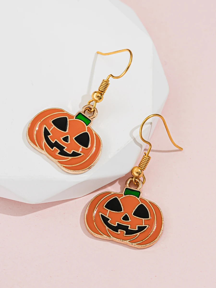 一对令人毛骨悚然的极简主义橙色滴油锌合金南瓜耳环，适合万圣节佩戴 - 金色 - 查看 1