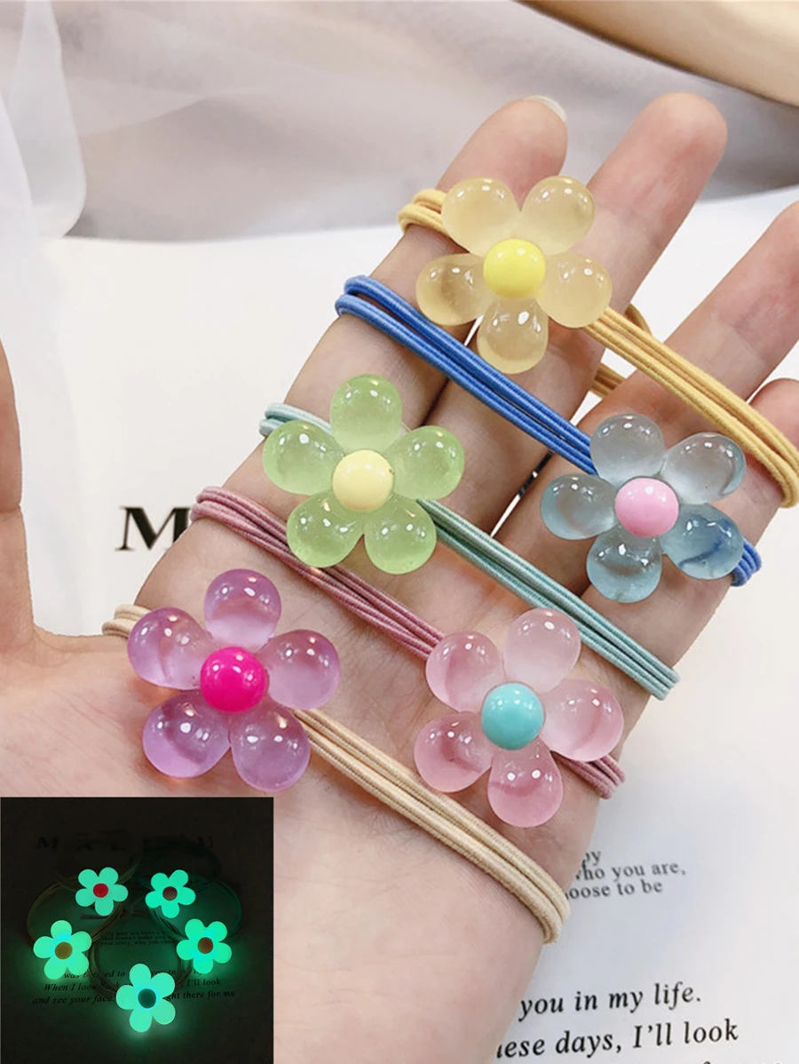 5pcs Flower Decor Hair Tie Cute Ponytail Holders Hair Elastics Hair Rubber Bands Scrunchies Hair Rope Elastic Hair Tie