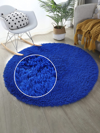 1 pièce Tapis rond en peluche de 1,4 pouce de longueur, tapis en cercle moelleux bleu unicolore en peluche 100% polyester PV avec intercalaire en éponge, tapis décoratif antidérapant pour salon, décoration de chambre