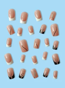 24 chiếc Thạch màu khỏa thân bán tuyệt vời Điểm nhấn Tóm tắt Colorblock Dài vuông Phong cách Pháp Full Cover Móng tay giả Nâng cấp diện mạo của bạn bằng cách ấn vào móng tay Bộ dụng cụ làm móng tay Đồ dùng làm móng - màu đen - Xem 3