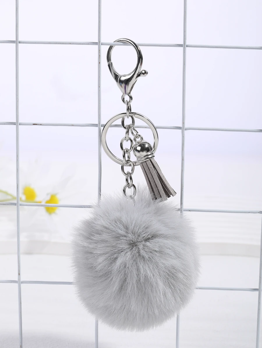 1入組女士毛球流蘇鑰匙圈 - 灰色 - 查看 1