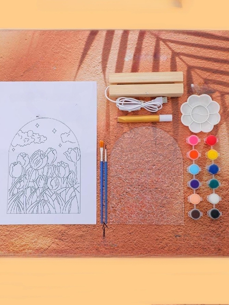 鬱金香DIY小夜燈玻璃繪畫板燈兒童節禮品生日禮物適合女孩朋友們水波紋亞克力板手掌繪畫顏料創意氛圍燈 - 彩色 - 查看 6