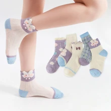 5雙女孩卡通兔子頭&格紋圖案透氣可愛短襪適用於日常生活 - 彩色 - 查看 1