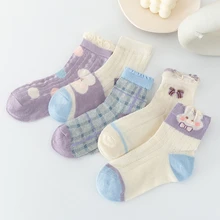 5雙女孩卡通兔子頭&格紋圖案透氣可愛短襪適用於日常生活 - 彩色 - 查看 2