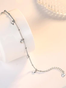 1pc Cute Heart Shaped Bracelet, Fashionable Rhinestone Heart Link Bracelet Accessory - Antique Silver - View 2