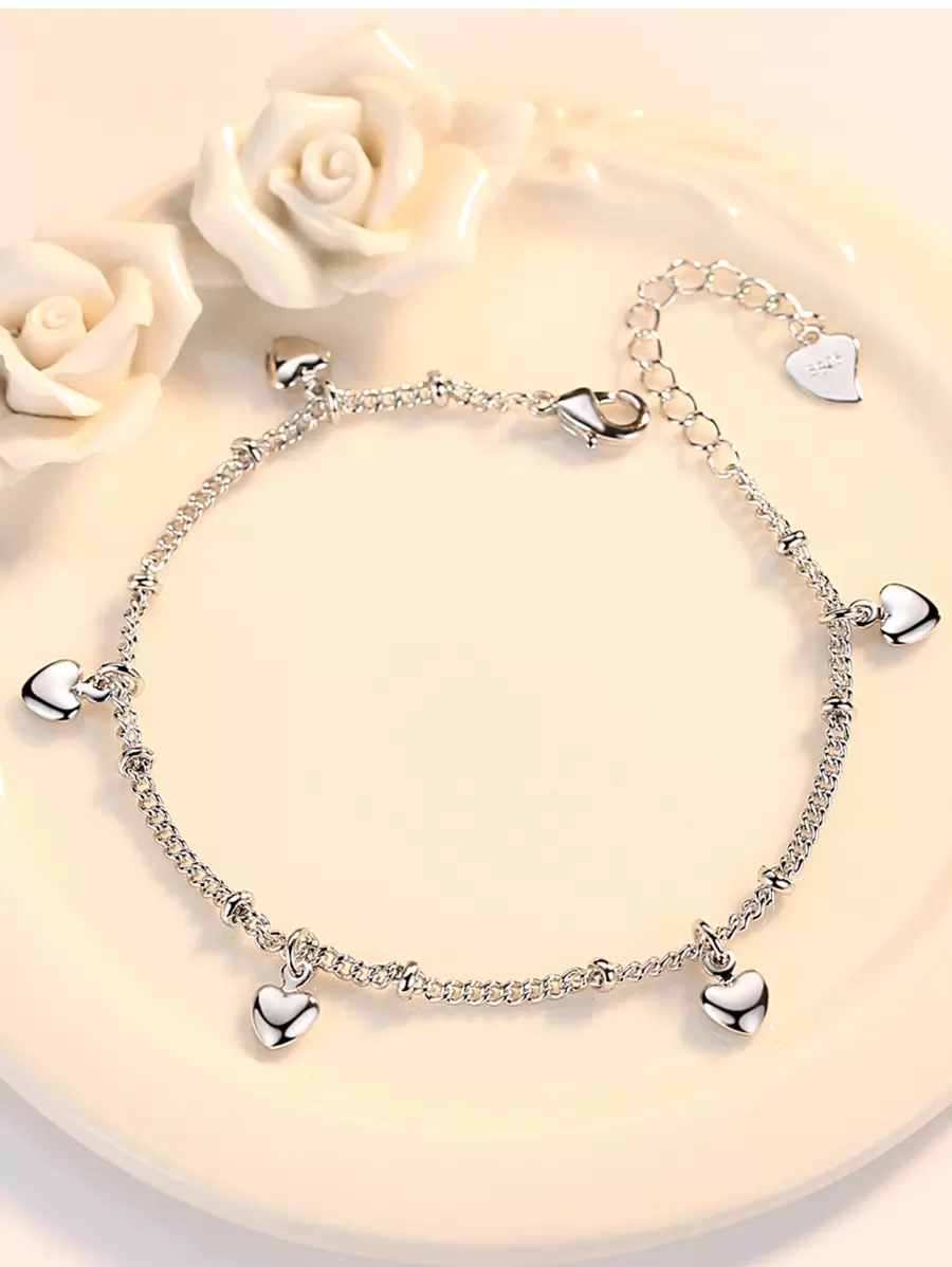 1pc Cute Heart Shaped Bracelet, Fashionable Rhinestone Heart Link Bracelet Accessory - Antique Silver - View 1