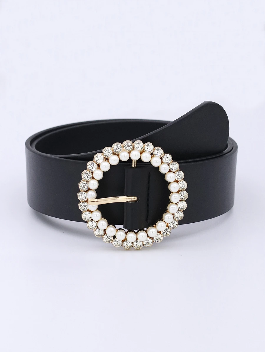 Elegant 1pc Multicolor Women's Faux Pearl & Rhinestone Decorated Wide Belt With Round Buckle, Suitable For Daily Use Summer, School Fall, Autumn, Halloween - Black - View 1