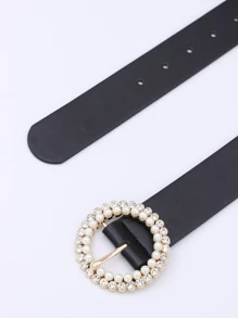 Elegant 1pc Multicolor Women's Faux Pearl & Rhinestone Decorated Wide Belt With Round Buckle, Suitable For Daily Use Summer, School Fall, Autumn, Halloween - Black - View 4