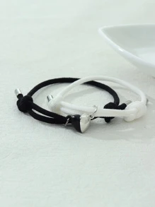 2入組心形吊墜情侶可調節手鐲套裝 - 黑色 - 查看 2