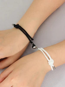 2入組心形吊墜情侶可調節手鐲套裝 - 黑色 - 查看 4