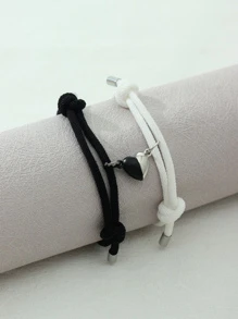 2入組心形吊墜情侶可調節手鐲套裝 - 黑色 - 查看 1