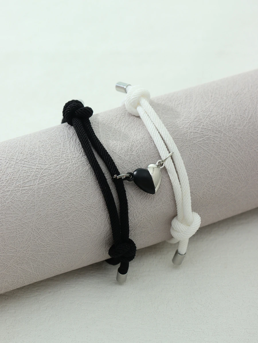 2入組心形吊墜情侶可調節手鐲套裝 - 黑色 - 查看 1