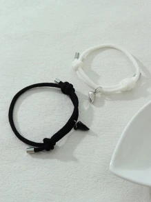2入組心形吊墜情侶可調節手鐲套裝 - 黑色 - 查看 5