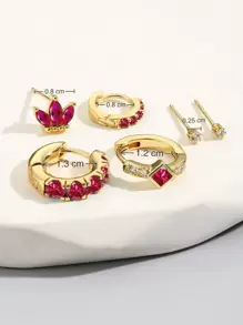 6 件/套奢华粉色不对称水钻耳钉套装，适合女士，约会之夜或派对的华丽珠宝礼物 - 玫紅色 - 查看 3