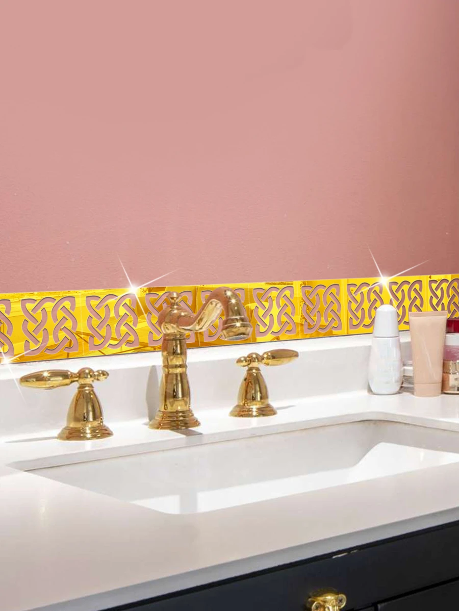 10pcs/pack Patterned Acrylic Mirror Waistline Wall Stickers - Gold - View 1