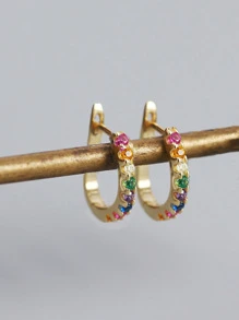 1pair Women's U-Shaped Single Row Rainbow Cz Stone Inlaid Hoop Earrings With Copper Plated Earwire - Gold - View 4