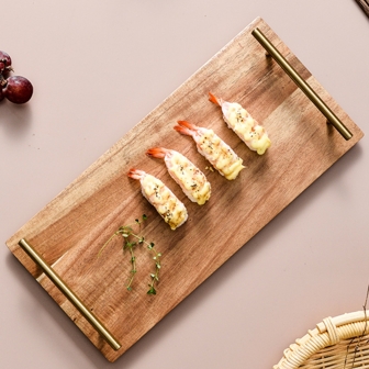 Wooden Rectangle Tray With Golden Handle Christmas Gift