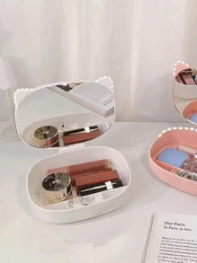 1pc Cosmetic Storage Box With Mirror - White - View 4
