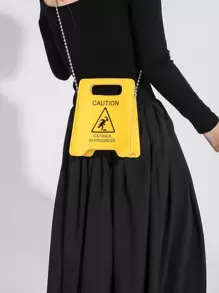 新款卡通警示字母手提包链条字母化妆包首饰包，时尚可爱风格，充满多巴胺能量，未来感十足，便携小方包，极简街头风单肩/斜挎包，复古PU材质，提升您的时尚品味女士包包 - 黃色 - 查看 5