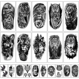 20pcs Half Sleeve Temporary Tattoo Sticker For Men & Women, Wolf Tiger Lion Halloween Decal, Realistic Black Animal