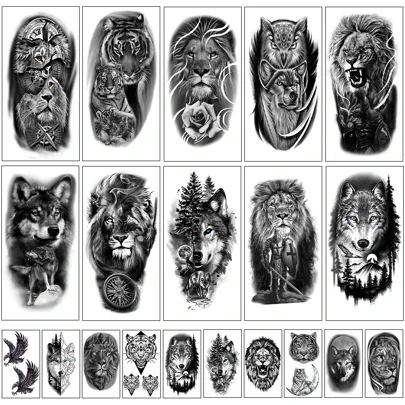 20入組男女暫時性半袖刺青貼紙,狼虎獅萬聖節貼花,逼真黑色動物