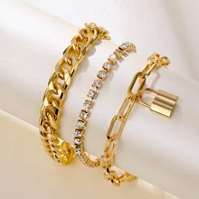 3pcs/set Hip Hop Style Chunky Chain With Rhinestone Decor Bracelet - Gold - View 1