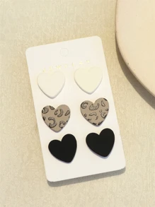3 对/1 张女士米色豹纹和黑色水磨石纹理心形亚克力耳环情人节、妈妈、母亲、母亲节、礼物 - 彩色 - 查看 4