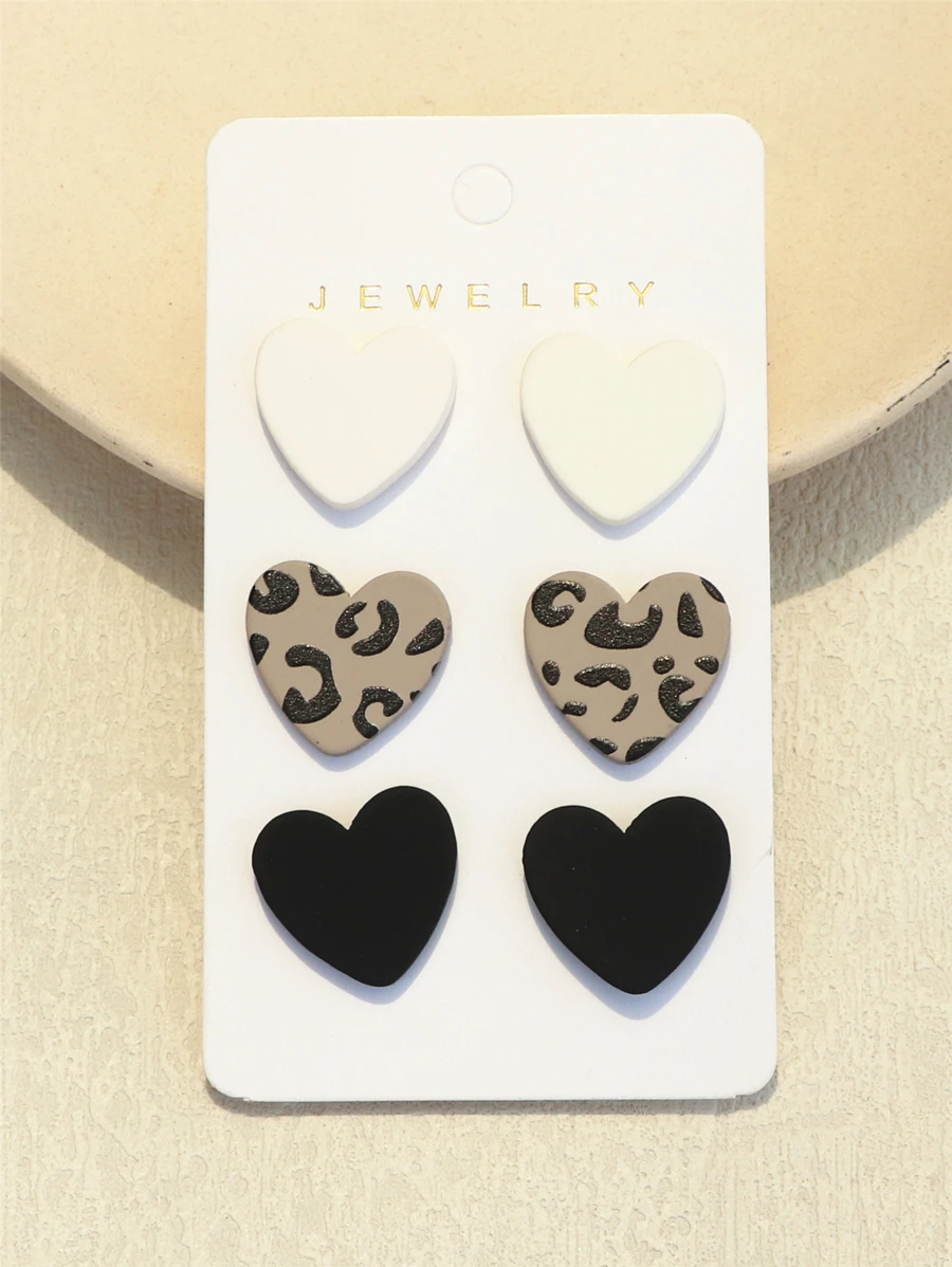 3 对/1 张女士米色豹纹和黑色水磨石纹理心形亚克力耳环情人节、妈妈、母亲、母亲节、礼物 - 彩色 - 查看 1