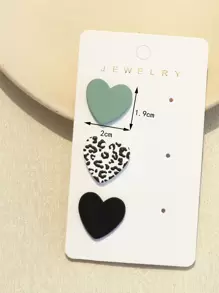 3pairs/Set Women's Shallow Green & Black Leopard Print Clay Texture Heart Shape Acrylic Earrings, 1 Card Valentines